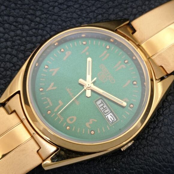 Vintage 1975 Seiko Automatic Mens Gold Watch W/daydate & Green accents - Picture 6 of 8